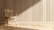 © Matthew - A wooden chair sits in a sunlit room with ribbed walls and a hardwood floor, casting a stark shadow