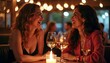 © AiGalaxy - Two woman laughing and drinking wine in night restaurant. Friends sitting at candlelit table having dinner. Celebration, friendship and romantic atmosphere in leisure evening social life.