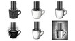 © Md Masud - Creative coffee cup illustrations with barcode pouring liquid, unique artistic designs combining technology and beverage for modern concepts