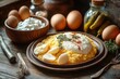 © zhuan - Rustic plate of creamy polenta topped with a dollop of white sauce and thyme, accompanied by sliced hard boiled eggs on a wooden table