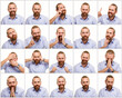 © Fatih - Collection of a middle-aged man with beard expressing different facial expressions and body language gestures on white background. Composite of multiple poses showing various emotions: thinking, happy