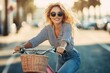 © zhuan - carefree woman riding a pink bicycle with wicker basket on sunlit street, striped shirt and jeans, wind-tousled blonde hair, palm trees and golden bokeh background