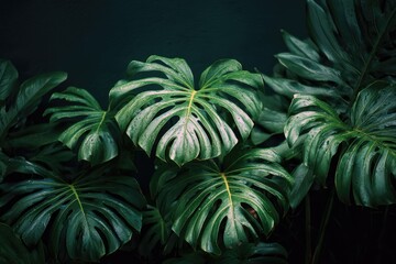  Lush green Monstera deliciosa leaves with dark background.