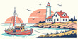 © RABBY - A red boat sailing near a lighthouse on a sunny day Vector