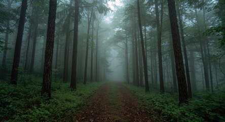  Fog filled forest trail lined by tall green trees