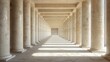 © Bubi Studio - Symmetrical rows of minimalist white stone pillars colonnade in harsh noon light perspective view