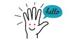 © Hikari Vector Studio - A cartoon hand with a smiling face and a speech bubble saying hello on a with lines indicating movement or excitement vector illustration