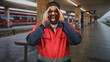 © Krakenimages.com - Man in red safety uniform cups face with hands, smiling on a train platform inside building; pride duty.