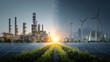 © Lumi Stock Studio - conceptual split-screen showing energy transition from industrial to sustainable, left side with oil refinery at sunset under cloudy sky, right side with solar panels and wind turbines under clear sky