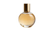 © Aino - Isolated elegant round golden perfume bottle with clear glass and metallic cap, luxury beauty product.