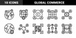 © PixeloAI - Global business line icon set. Vector pictograms of globe, people, currency, qr code, location pin, and financial network, thin outline illustration.