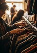 © Tiana_Geo - Woman shopping in vintage clothing store. Girl browsing through rack of second hand apparel. Sustainable fashion and conscious consumption concept. Boutique retail and thrift store imagery.