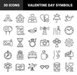 © PixeloAI - Valentine and romance line icon set. Vector pictograms of hearts, rings, letters, birds, flowers, and clocks, thin outline illustration.