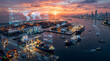 © A5 - Aerial view of a bustling global shipping port and logistics hub at sunset, featuring container ships, industrial cranes, and a digital world map overlay, symbolizing international trade.