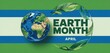 © Design Stock - Earth month april celebration poster with earth globe and green leaf circle motif on abstract wavy background representing planet and nature conservation concept visually