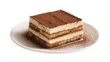 Isolated slice of classic Italian tiramisu dessert on a round ceramic plate, dusted with cocoa