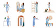 © Slamet - Set of flat illustrations featuring a woman in blue pajamas performing various skincare and self-care routines in modern home interior settings.