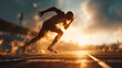 © Broccolini - ultra realistic teenage runner starting sprint on track field, explosive start of male athlete in sunset stadium, athletic performance and high speed sports photography