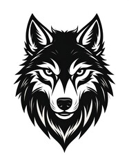  Detailed black & white stylized wolf head. Bold, graphic lines. Staring expression