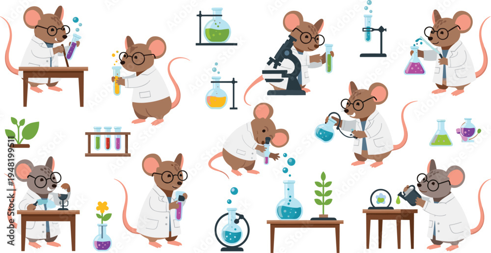Cute mouse scientist cartoon vector set funny animal laboratory ...