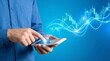 © Budi - Businessman tapping smartphone screen for digital stock market trading. Virtual financial chart data displaying bull market growth. Smart investor strategy for forex exchange profit.