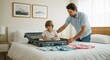 © Dipsky - Father and child joyfully preparing for their holiday vacation by packing a suitcase together.