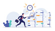 © Shuvo - Stressed businessman running past huge stacks of paperwork and an alarm clock representing deadline pressure and heavy workload.