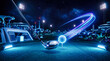 © Aurora Aesthetics - Futuristic glowing golf club hitting ball on tee with neon blue light trails stadium lighting night sports technology virtual reality gaming