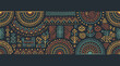© naufal - Seamless ethnic tribal pattern with geometric hand drawn ornaments and abstract symbols on dark background, concept for textile design, ethnic wall art and cultural branding