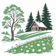 © RABBY - a small house on a snowy hill with trees and flowers Vector