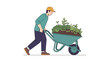 © menang - A person pushing a wheelbarrow full of plants on a sunny Arbor Day