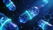 © stockimgahnaf - 3D render of translucent electric-blue capsules and glowing molecular structures biotech pharma concept