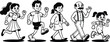 © OKAN - Retro cartoon line art side view family and children walking and jogging in a row cheerful high contrast vector illustration