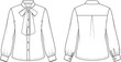 © itz moni - Technical fashion illustration of women’s blouse with bow tie collar, button-down front, long sleeves, gathered cuffs, yoke pleat back design