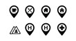 © Farzana - Collection of diverse black vector location pin icons and a warning sign graphic for digital maps