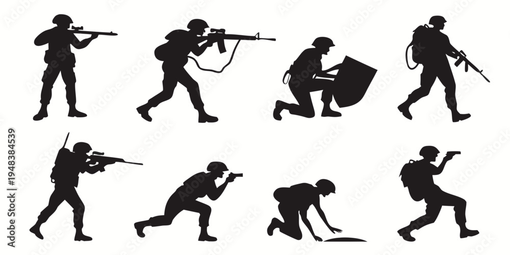 soldiers in various combat positions and actions Vector Stock Vector ...