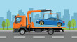 © Panpan - A tow truck is depicted lifting a blue car in an urban setting, illustrating urban transport services, and the importance of vehicle recovery in modern city life with a bright backdrop.