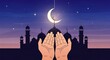 © Manok Mas - Beautiful Eid al-Fitr illustration featuring prayer hands in front of a mosque under a crescent moon