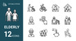© HUANG - A comprehensive set of editable stroke line icons representing various aspects of elderly life, care, and support, ideal for health and social welfare designs