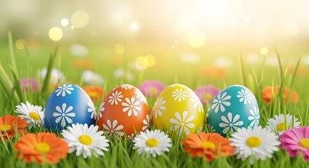  Colorful easter eggs and flowers in a lush green field on a sunny day