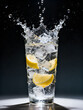 © Тотка Бойчева - Fresh lemon water splash in a glass with ice cubes on a dark background, refreshing summer drink