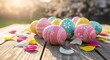 © Jelizaveta - Colorful Painted Easter Eggs on Rustic Wooden Table in Sunlight