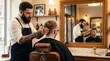 © Irina Kalinina - A professional bearded barber giving a haircut to a male client in a stylish, vintage barbershop. Men's grooming service, hairdressing profession, classic salon interior, style and beauty.