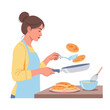 © Aleena - Woman Flipping Pancakes on Frying Pan, Breakfast Cooking, Homemade Food Illustration