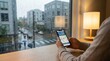 © fotogurme - Person holding smartphone by rainy window, indoor lifestyle scene for mobile app and marketing, cozy calm mood with urban street and commute weather