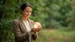 © Yuliia - Professional businesswoman in beige suit holding golden piggy bank outdoors, smiling while planning financial savings and investment strategies for future.