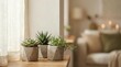 © Yuliia - Small succulent plants in rustic paper pots arranged on wooden surface in bright modern home interior with soft natural lighting and cozy atmosphere.