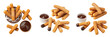 © bearbyy - Set and collection of crispy golden churros with chocolate dipping sauce, traditional Spanish fried dough pastry snacks isolated on white transparent png background.
