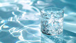 © Umechi - 水面に浮かぶ氷入りのグラス 涼しげな青い水の反射と光の波紋 飲料広告や夏バナー用のコピースペース素材