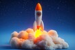 © btiger - white and orange rocket launching through fluffy glowing clouds into a starry night sky, evoking excitement and adventurous wonder